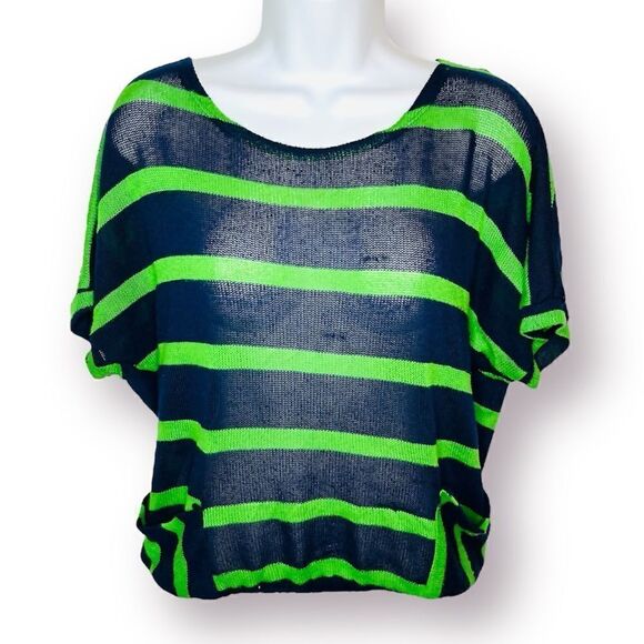 Chris & Carol Open Knit Dolman Short Sleeve Green Stripe Sweater Navy Blue S - Picture 1 of 11